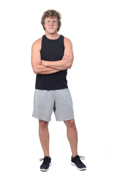 Vorderansicht Eines Mannes Sportbekleidung Tank Tops Und Shorts Auf Weißem — Stockfoto