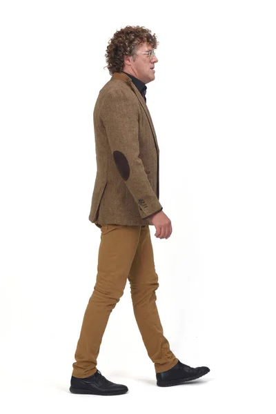 Side View Middle Aged Man Blazer Walking White Background — Stock Photo, Image