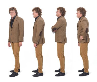 Beyaz arka planda spor ceketli orta yaşlı bir adamın yan görüntüsü.