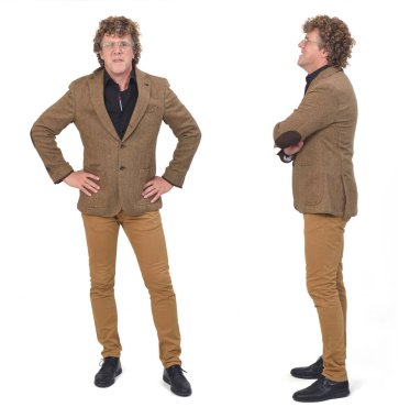 Beyaz arka planda aynı adamın ön ve yan görüntüsü