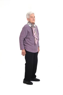 Beyaz arkaplana bakan senir bir kadının kenar görüntüsü