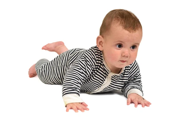 Bebê Rastejando Chão Olhando Uma Maneira Fundo Branco — Fotografia de Stock