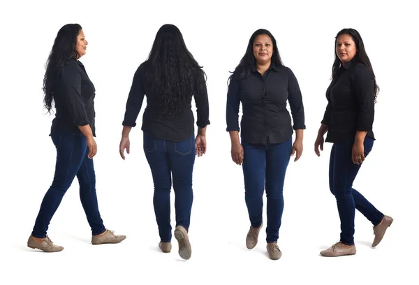 Collage Misma Mujer Latina Caminando Sobre Fondo Blanco — Foto de Stock