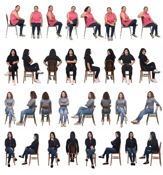 Verschiedene Frauen Auf Unterschiedliche Weise Auf Weißem Hintergrund Sitzend — Stockfoto