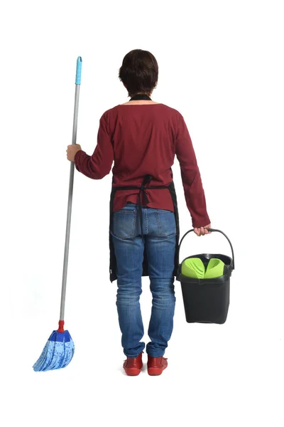 Rear View Woman Mop Bucket White Background — Stock Photo, Image