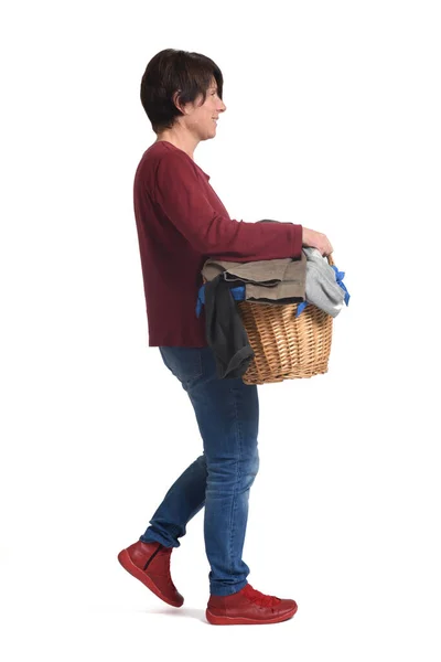 Side View Full Portrait Woman Walking Laundry Basket White Background — Stock Photo, Image