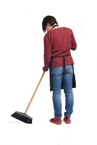 Back View Woman Sweeping White Background — Stock Photo, Image