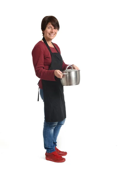 Vue Latérale Une Femme Foyer Debout Avec Pot Avec Nourriture — Photo
