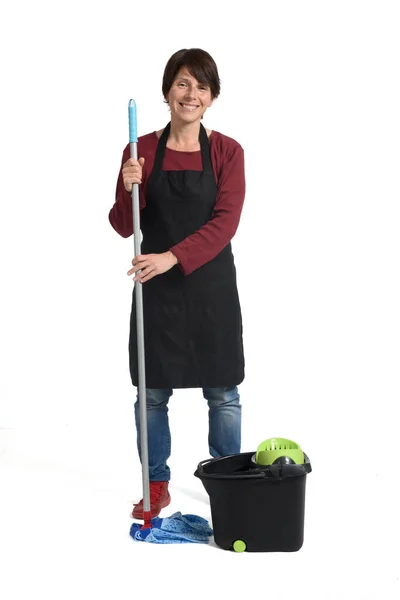 Portrait Woman Mop Bucket White Background — Stock Photo, Image
