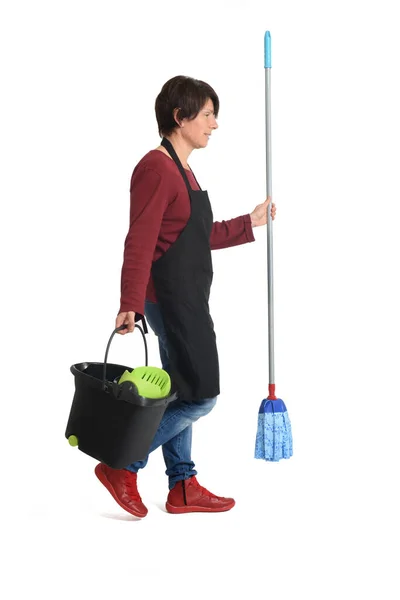 Woman Mop Walking White Background — Stock Photo, Image