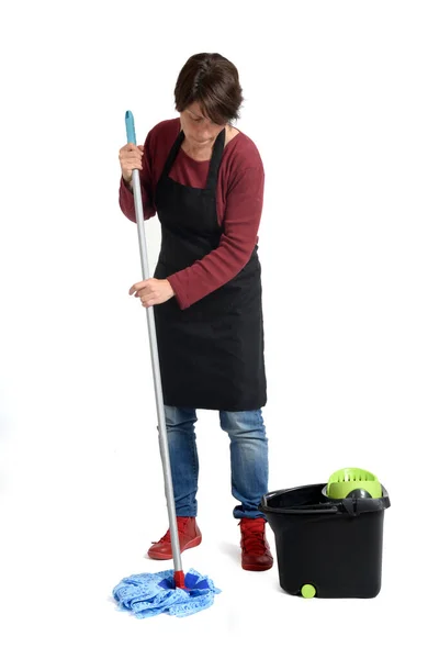 Front View Woman Who Mopping Floor White Background — Stock Photo, Image