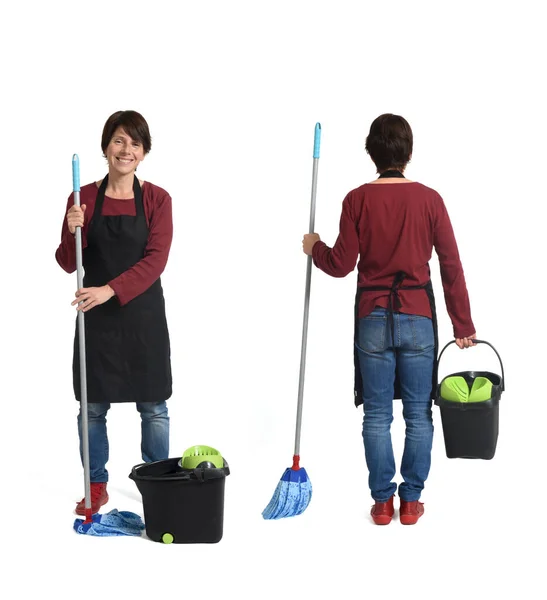Front Back View Same Woman Mop Bucket White Background — Stock Photo, Image