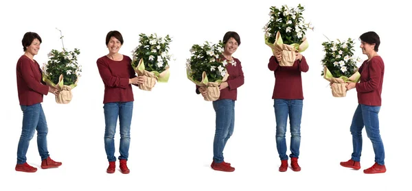 Mesma Mulher Com Buquê Flores Várias Poses Fundo Branco — Fotografia de Stock