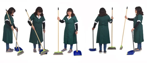 Set Photos Same Cleaning Woman Dustpan Broom Various Poses — Stock Photo, Image
