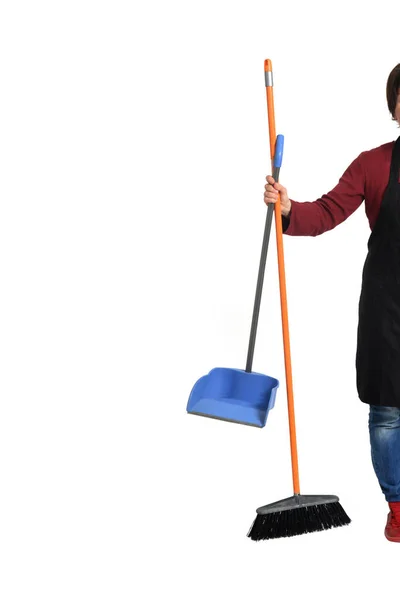 Woman Holding Broom Dustpan White Background — Stock Photo, Image