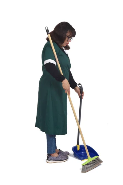 Side View Cleaning Woman Who Sweeping Dustpan White — Stock Photo, Image