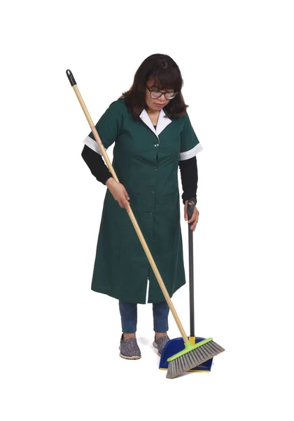 Front View Cleaning Woman Who Sweeping Dustpan White Background — Stock Photo, Image