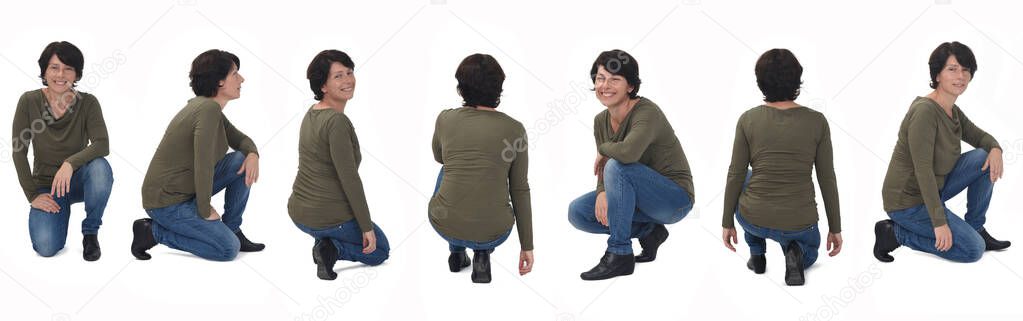 group of same woman crouching on white background