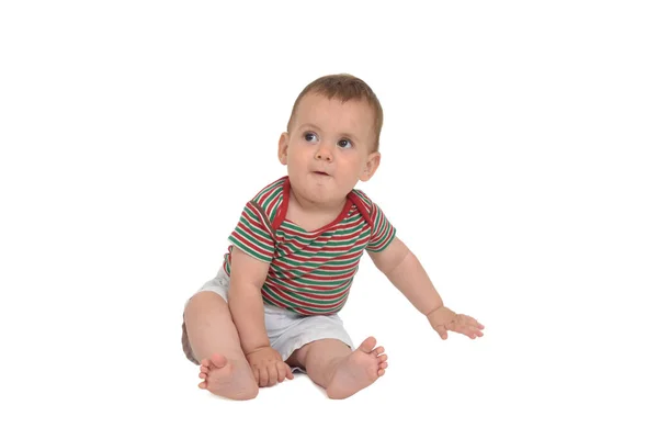 Bebé Diez Meses Sentado Suelo Mirando Sobre Fondo Blanco — Foto de Stock