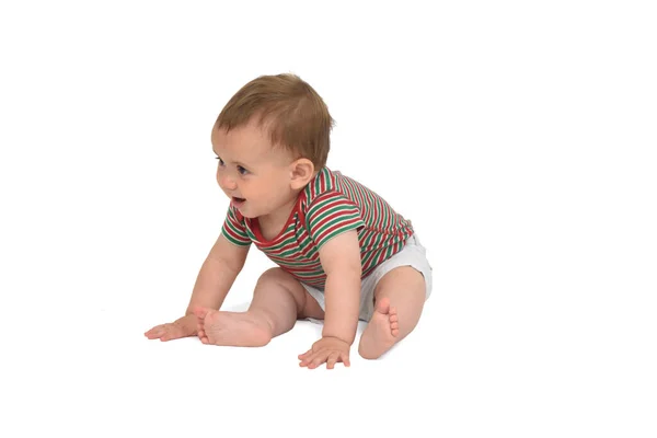 Meses Idade Bebê Sentado Chão Fundo Branco — Fotografia de Stock