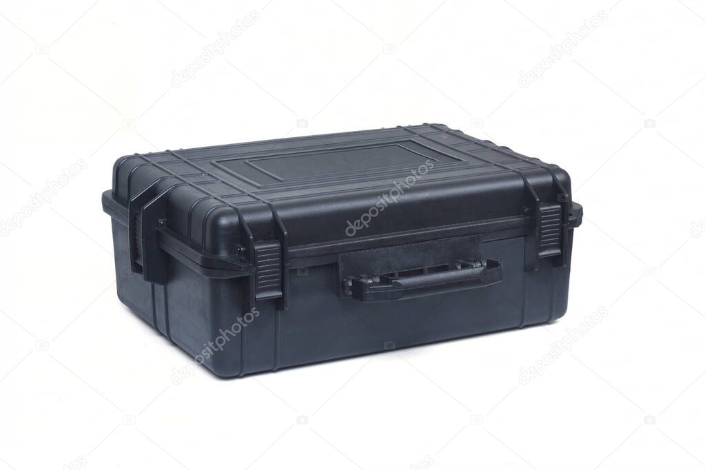 side and front view of a black safety briefcase isolated on white background, closet