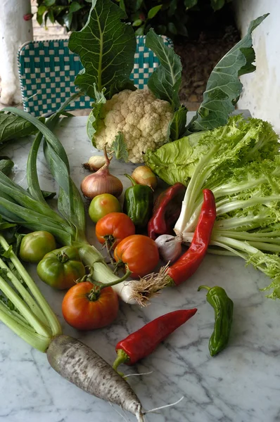 Verdure su un tavolo fuori, giorno — Foto Stock