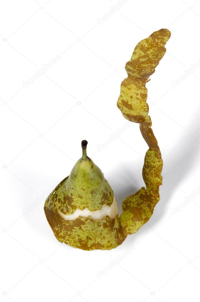 Skin peeled pear with white background
