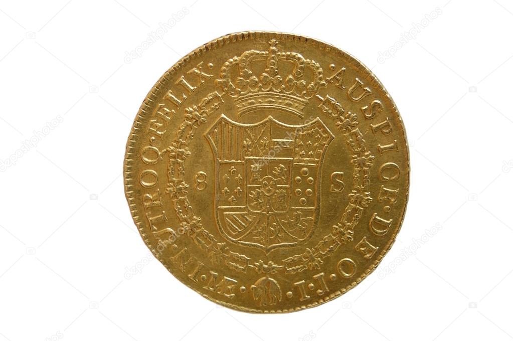 Gold coin from Spain , Ocho Escudos, isolated on white