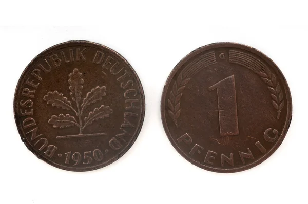 旧硬币日 1950 年，一个芬尼，德国硬币 — 图库照片