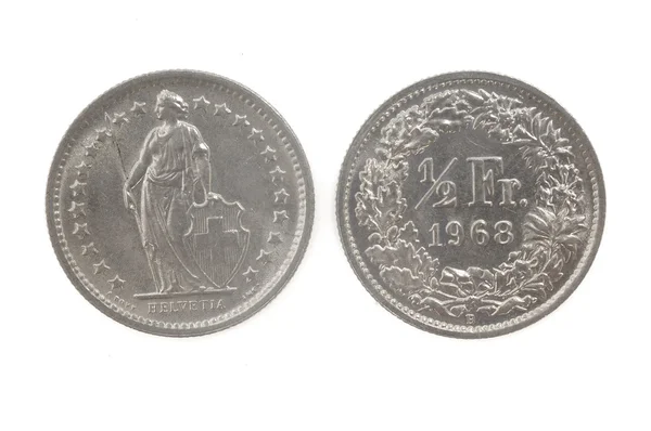 Meia moeda de francos suíços isolada em branco 1968 — Fotografia de Stock