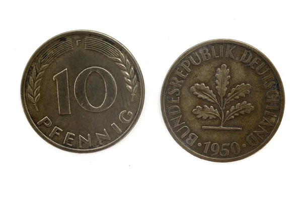旧硬币日 1950 年，10 芬尼，德国硬币 — 图库照片