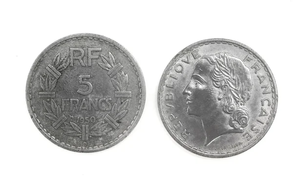 En franska mynt, 5 franc, från 1950. — Stockfoto