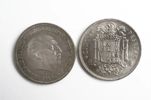 スペインの通貨、Francisco フランコ、シンコ ペセタ 1949年 — ストック写真
