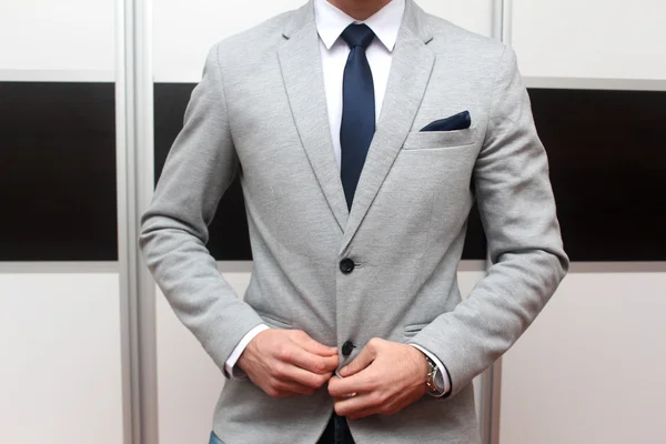 Man i grå kostym med slips, slips klipp och näsduk Royaltyfria Stockbilder