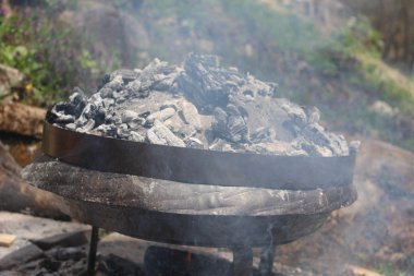 Hazırlama ve pişirme geleneksel Balkan Bosnalı Yunan Akdeniz öğünde Peka sac sach veya sache olarak adlandırılan metal kap içinde ahtapot