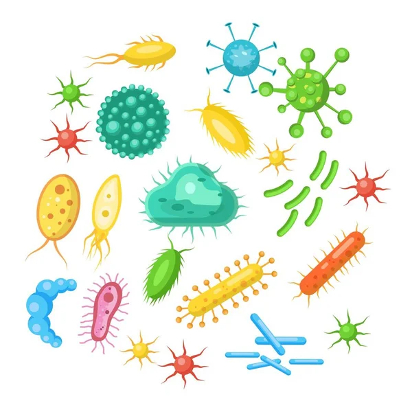 Serie Batteri Virus Germi Microbi Volume Microbiologia Disegno Isolato Organismo — Vettoriale Stock