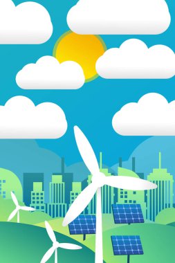 Yel değirmenleri, güneş panelleri ve kasaba ile dikey düz tasarım yeşil enerji çevre kavramı