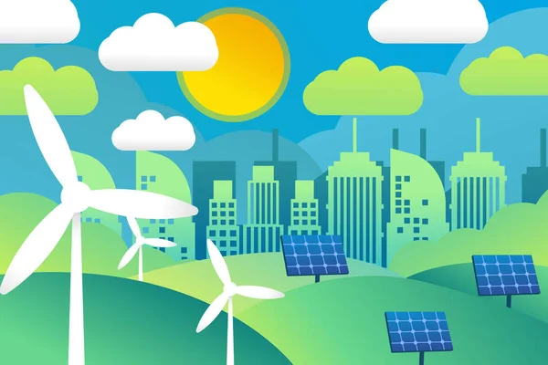 Progettazione Ecocompatibile Energia Verde Con Mulini Vento Pannelli Solari Città — Vettoriale Stock