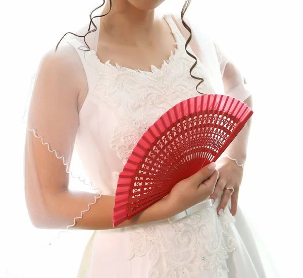 Bruid Voorbereiding Details Vrouw Met Een Rode Waaier — Stockfoto