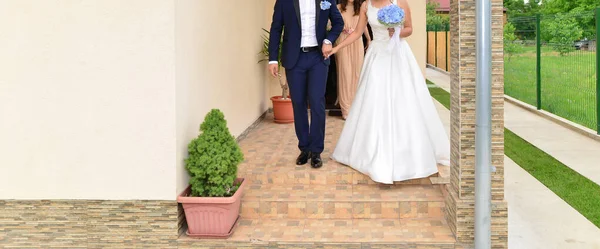 Novia Novio Juntos Sosteniendo Ramo Flores Azul — Foto de Stock