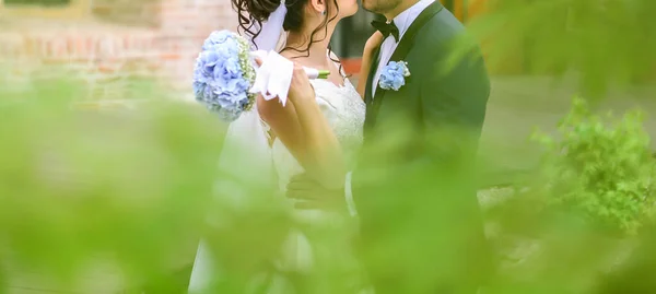 Gelin Damat Birlikte Mavi Bir Çiçek Buketi Tutuyorlar — Stok fotoğraf