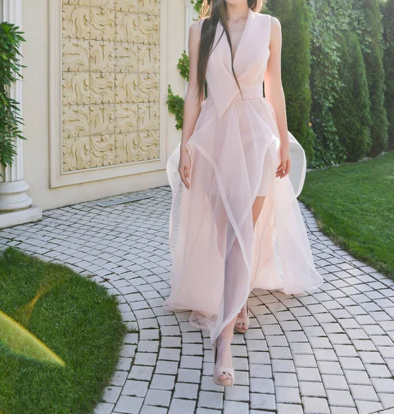 Модель Рожевій Довгій Сукні Має Фотосесію — стокове фото