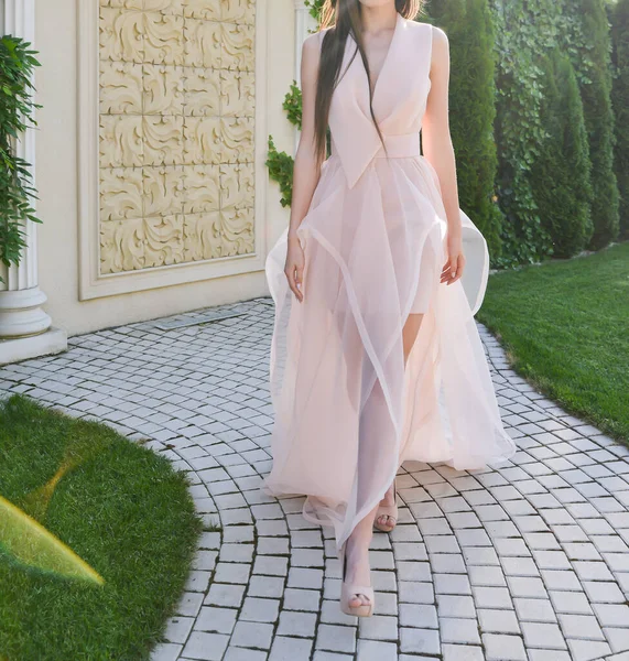 Modelo Con Vestido Largo Rosa Está Teniendo Una Sesión Fotos — Foto de Stock