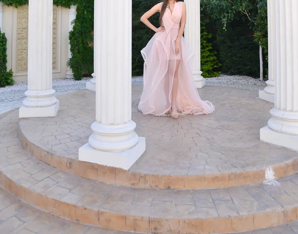 Модель Розовом Длинном Платье Фотосессией — стоковое фото