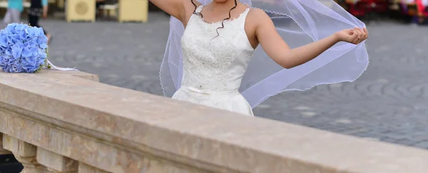 Außenporträt Einer Braut Mit Einem Blauen Blumenstrauß — Stockfoto
