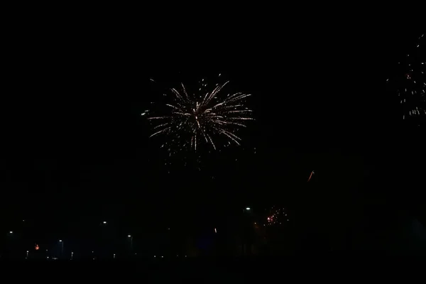 Espectáculo Fuegos Artificiales Sobre Fondo Cielo Negro — Foto de Stock