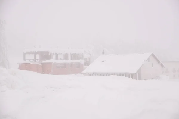 Морозна Зима Будівлі Покриті Сильним Снігом — стокове фото