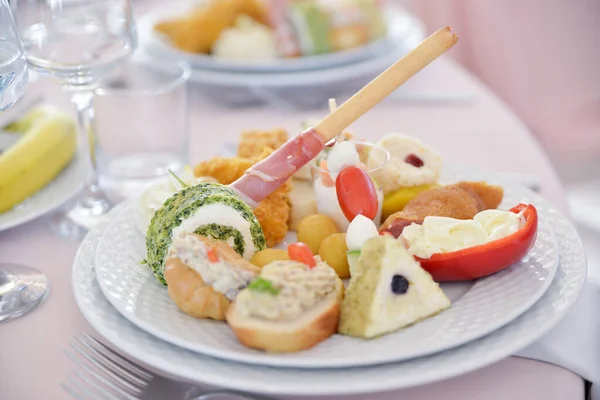 Food Aperitif Served White Plate Wedding Reception Similar Events — Stock Photo, Image