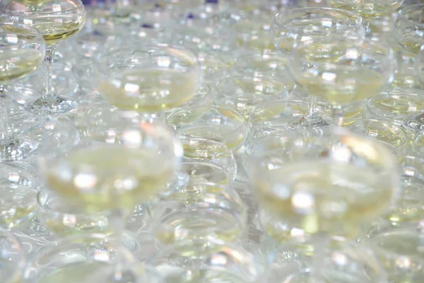 champagne glasses arranged for wedding reception