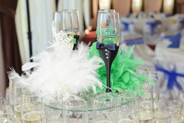 Champagne Glasses Arranged Wedding Reception — Stock Photo, Image